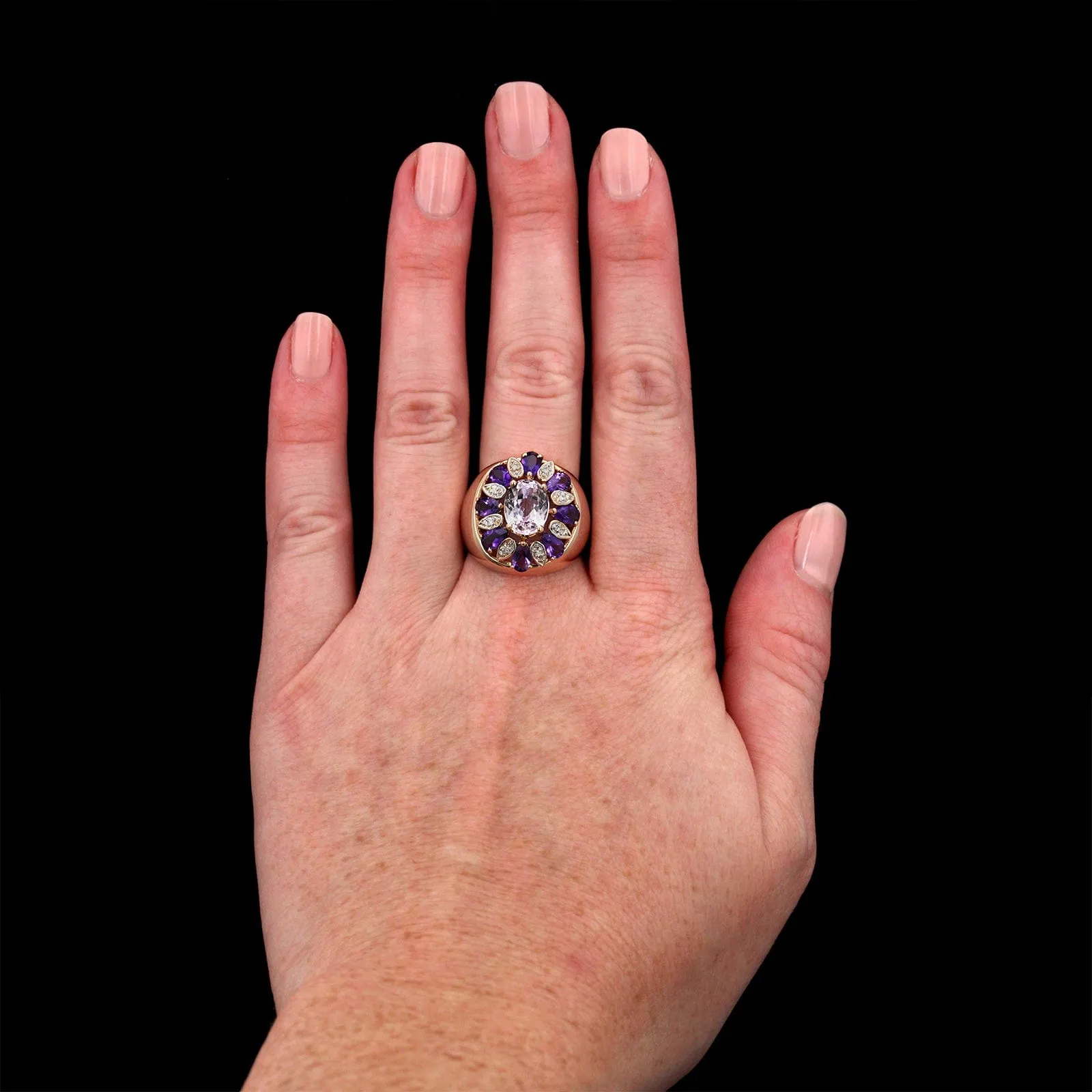 14K Rose Gold Estate Kunzite, Amethyst and Diamond Ring