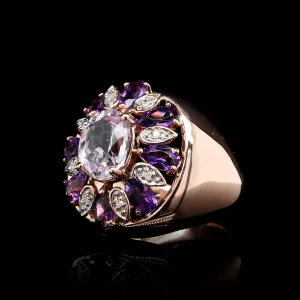 14K Rose Gold Estate Kunzite, Amethyst and Diamond Ring