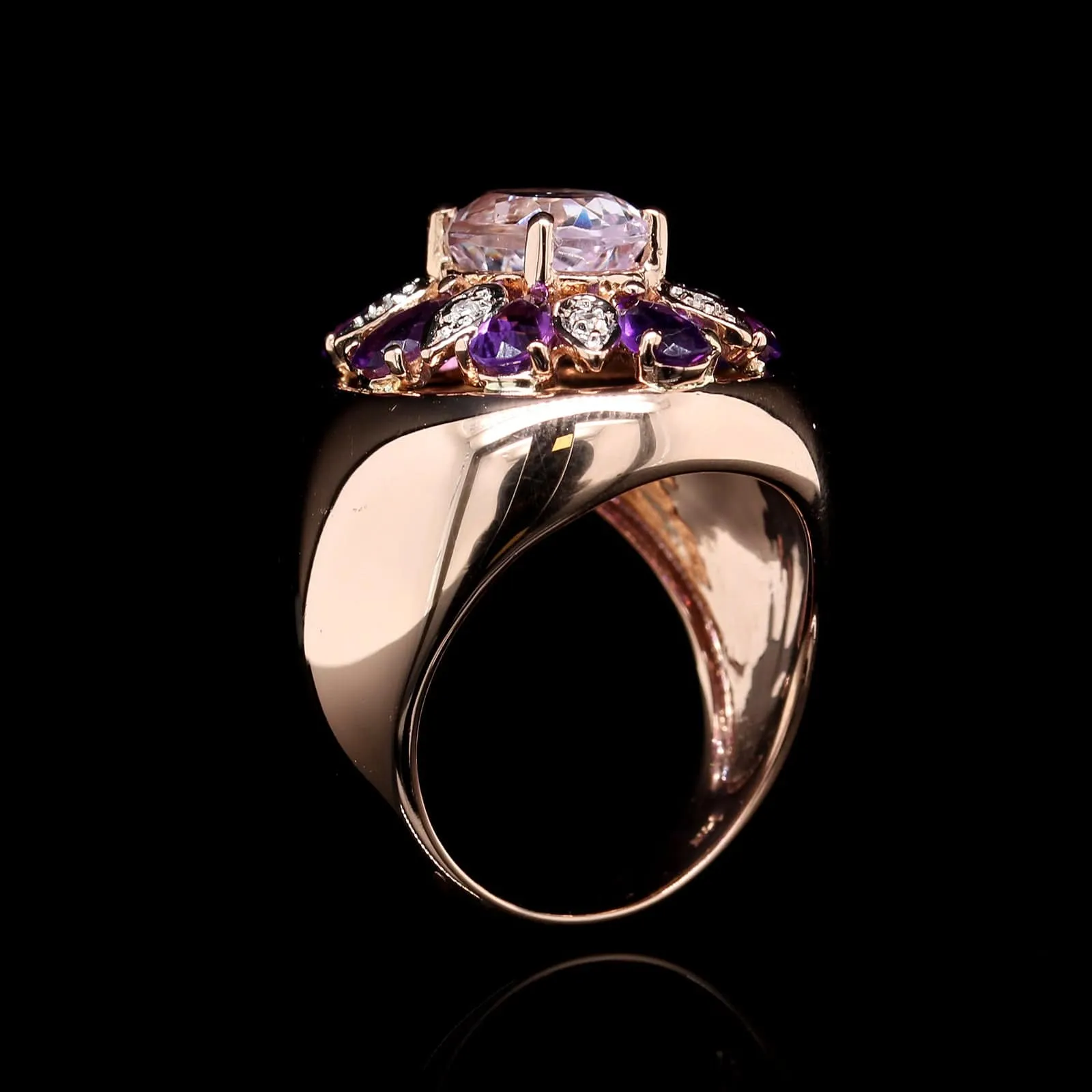 14K Rose Gold Estate Kunzite, Amethyst and Diamond Ring