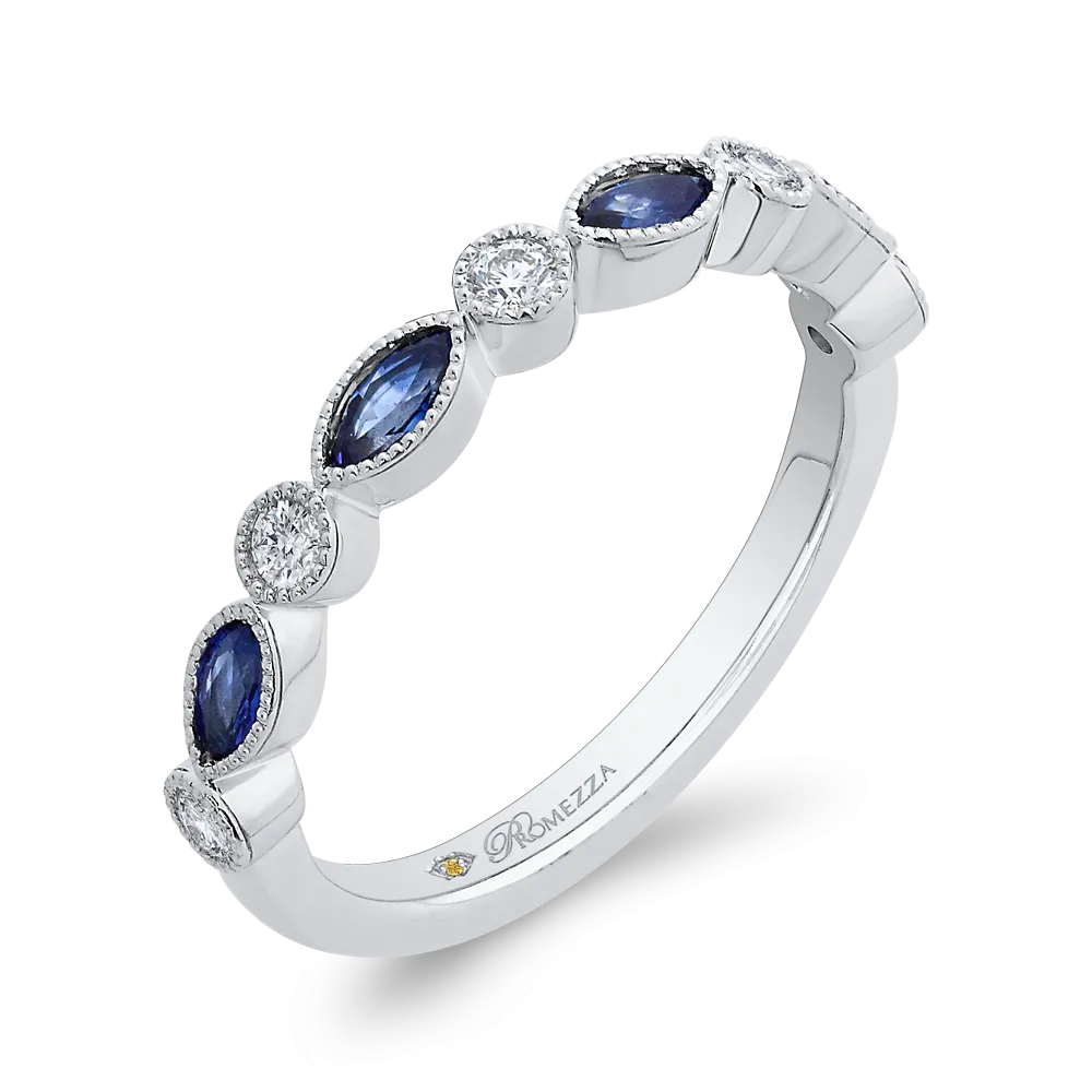 14K White Gold Round Diamond Wedding Band with Marquise Sapphire