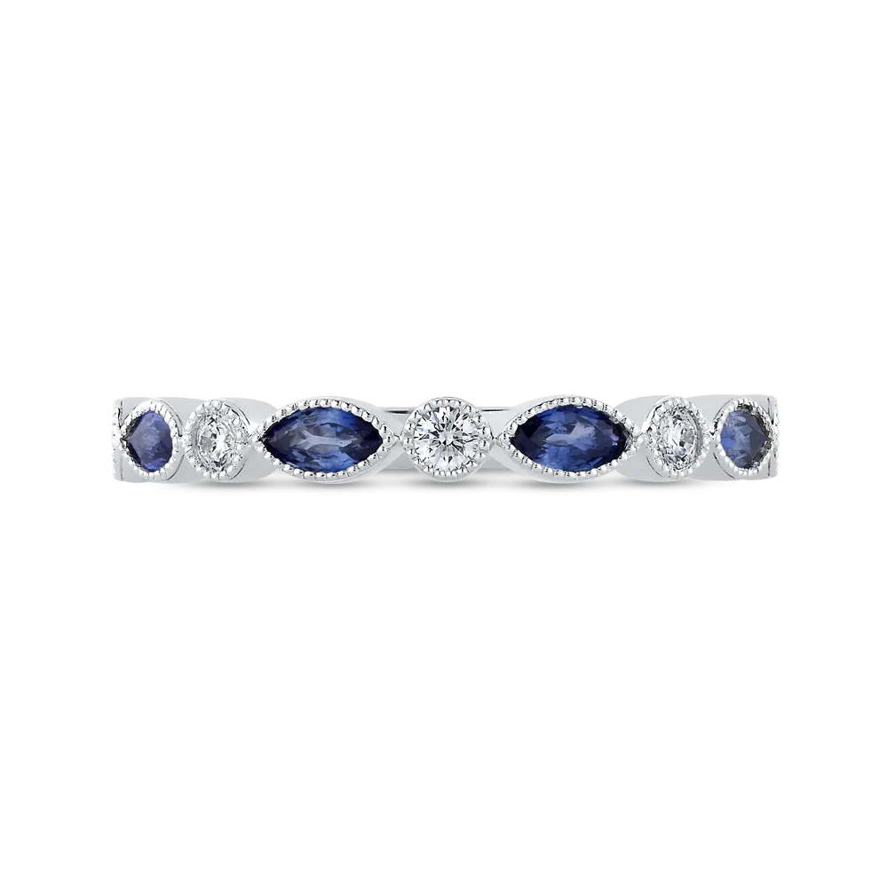 14K White Gold Round Diamond Wedding Band with Marquise Sapphire