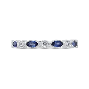 14K White Gold Round Diamond Wedding Band with Marquise Sapphire