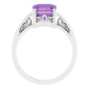 14K White Natural Amethyst Scroll Setting® Ring