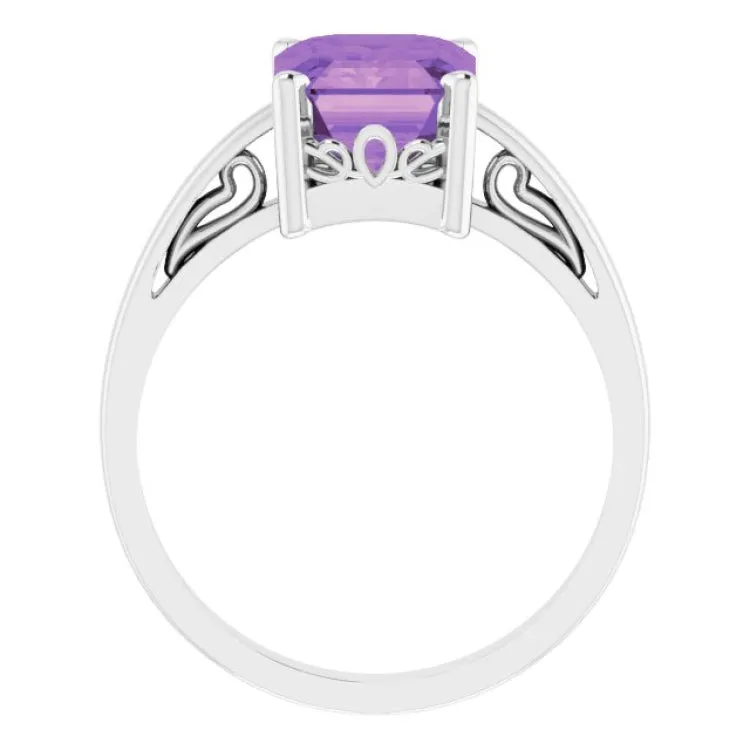 14K White Natural Amethyst Scroll Setting® Ring