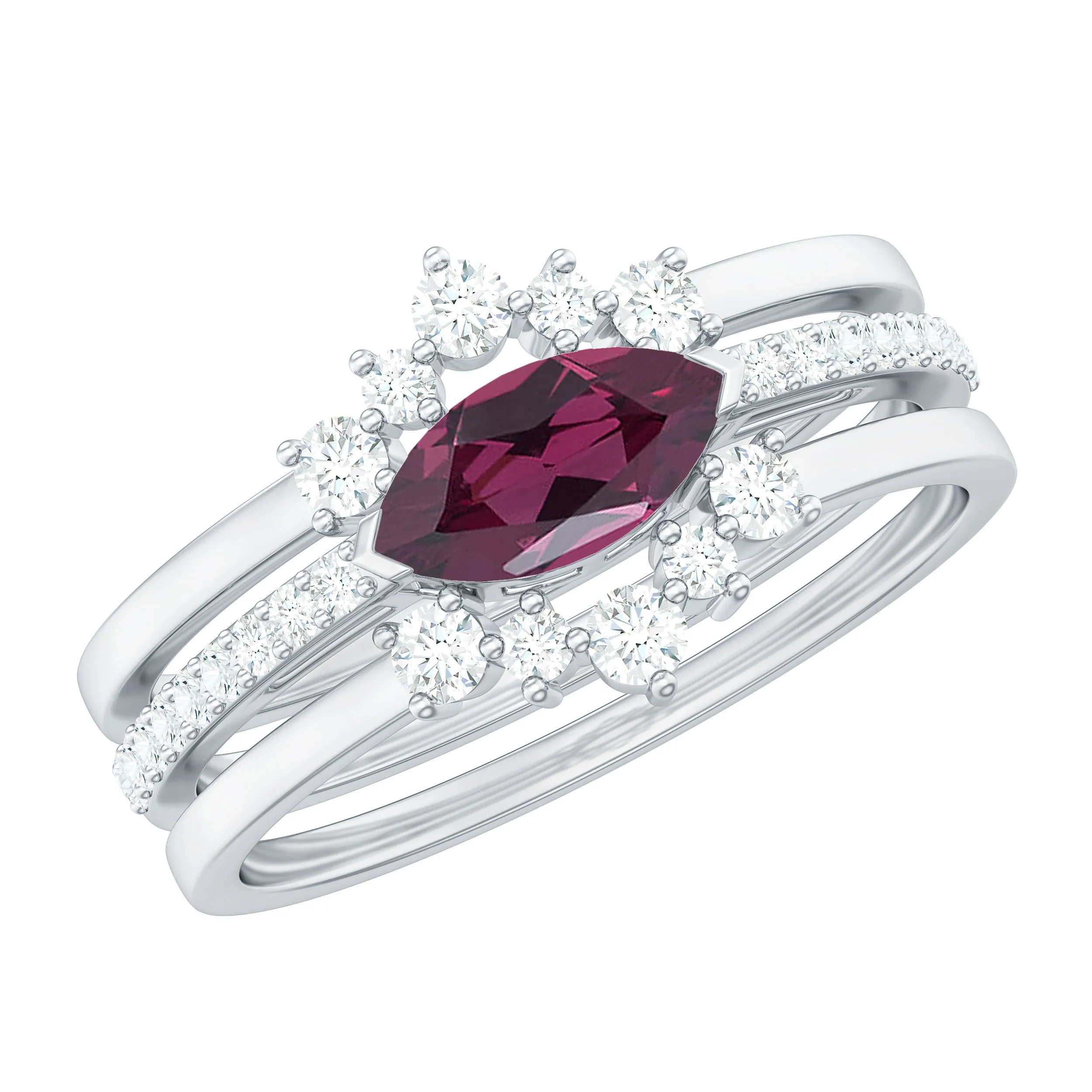 1.50 CT Real Rhodolite and Diamond Stackable Ring Set