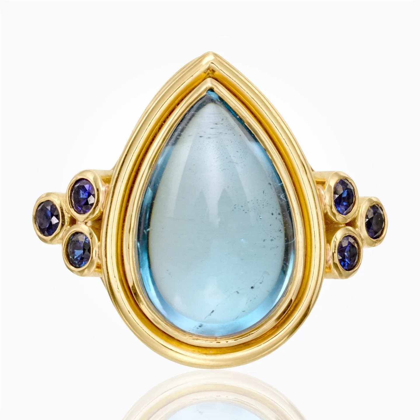 18K Classic Cushion Ring with aquamarine and blue sapphire