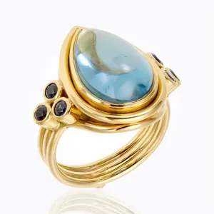 18K Classic Cushion Ring with aquamarine and blue sapphire