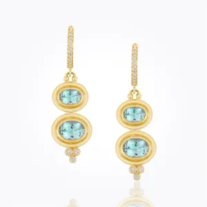 18K Double Drop Earrings with faceted oval aquamarine and diamond