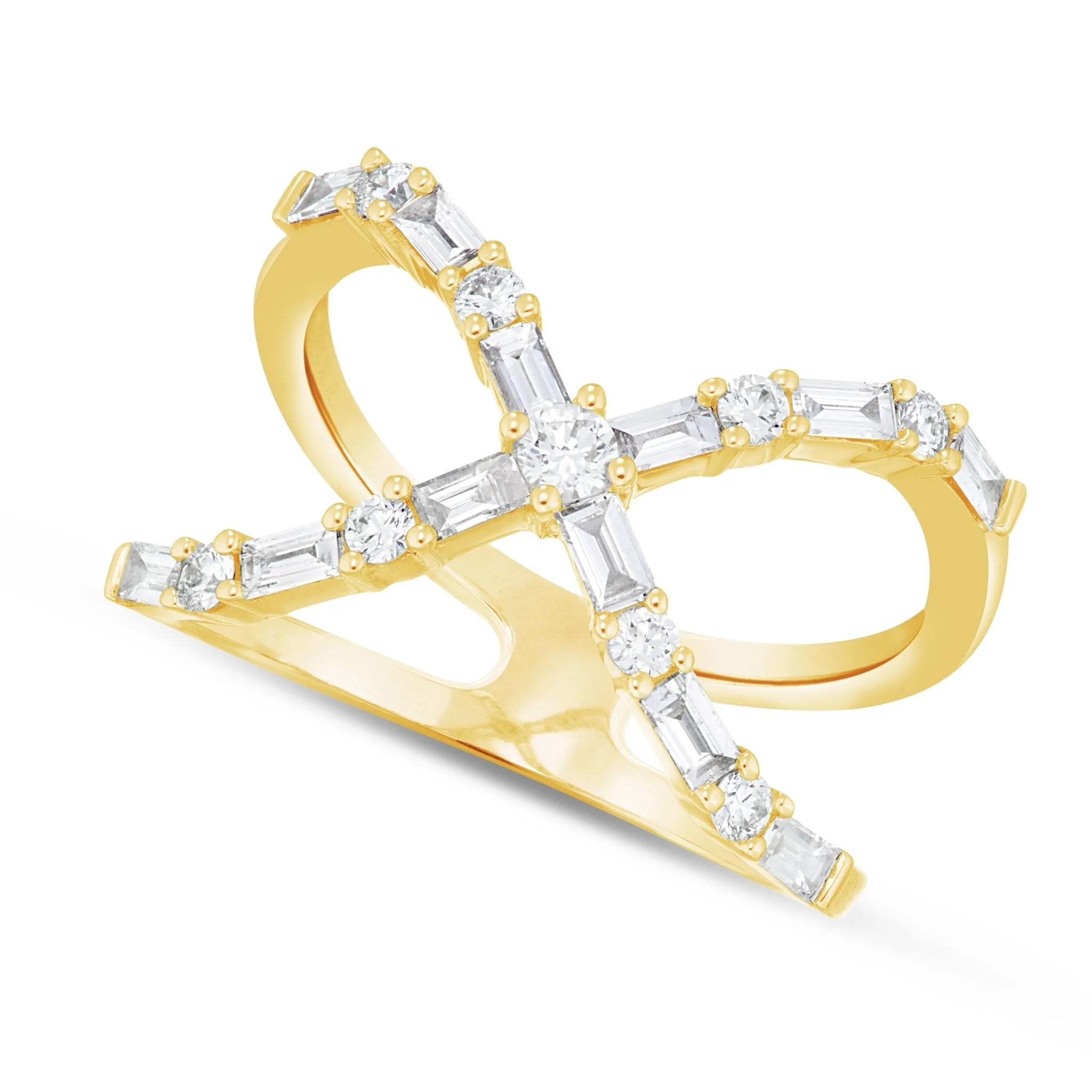 18K Gold 0.68ct Baguette Diamond X Cross Ring