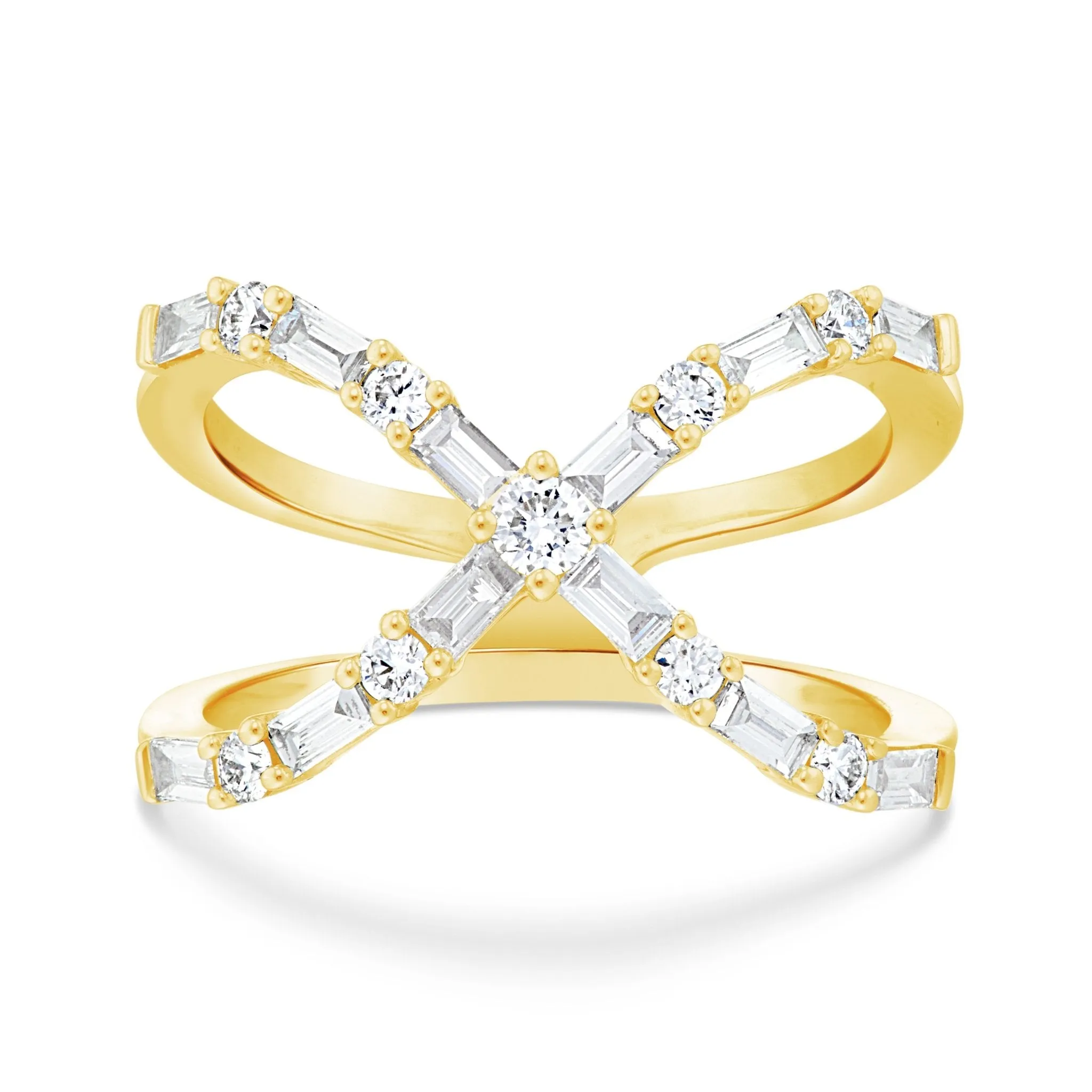 18K Gold 0.68ct Baguette Diamond X Cross Ring