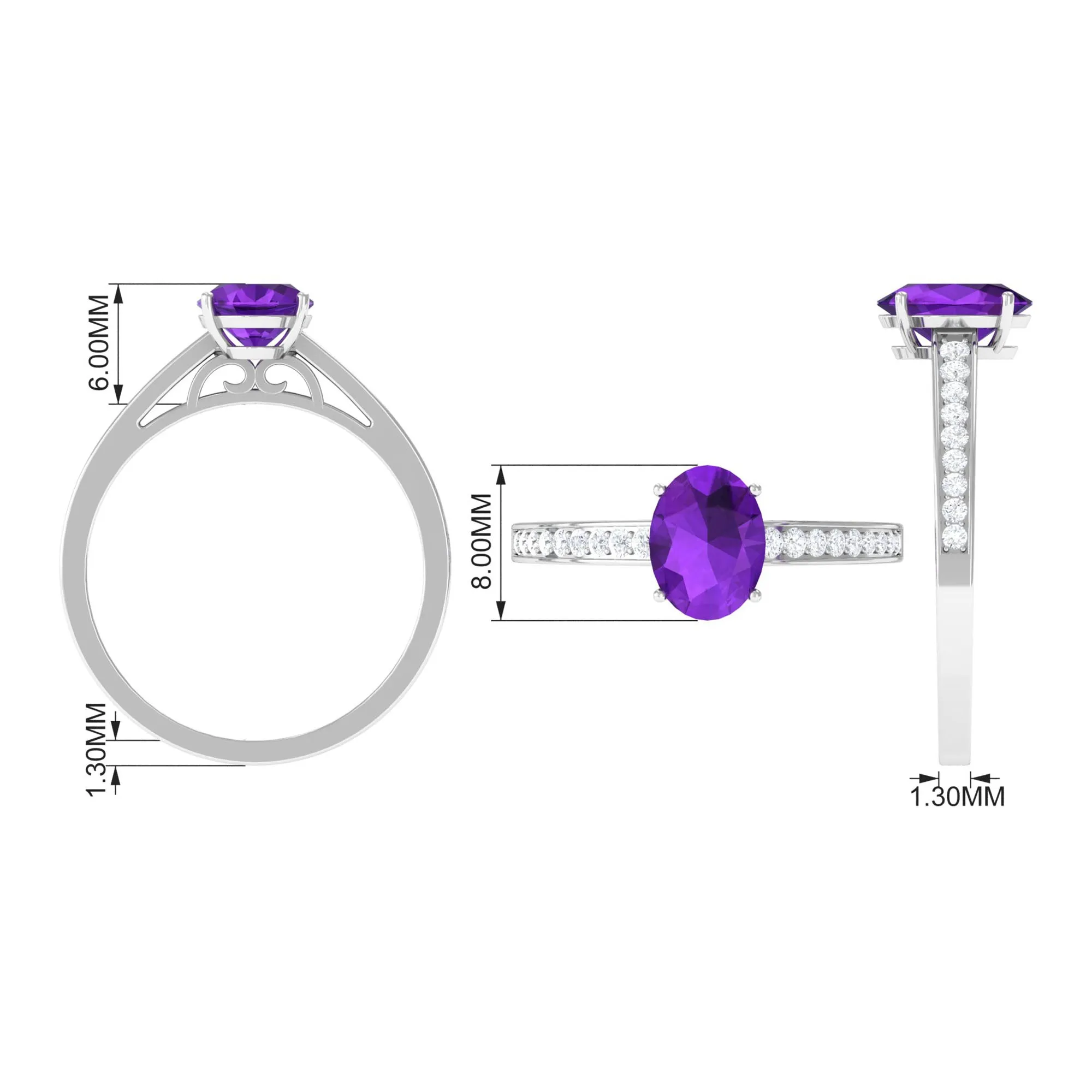 4 Prong Set Amethyst Solitaire and Diamond Ring