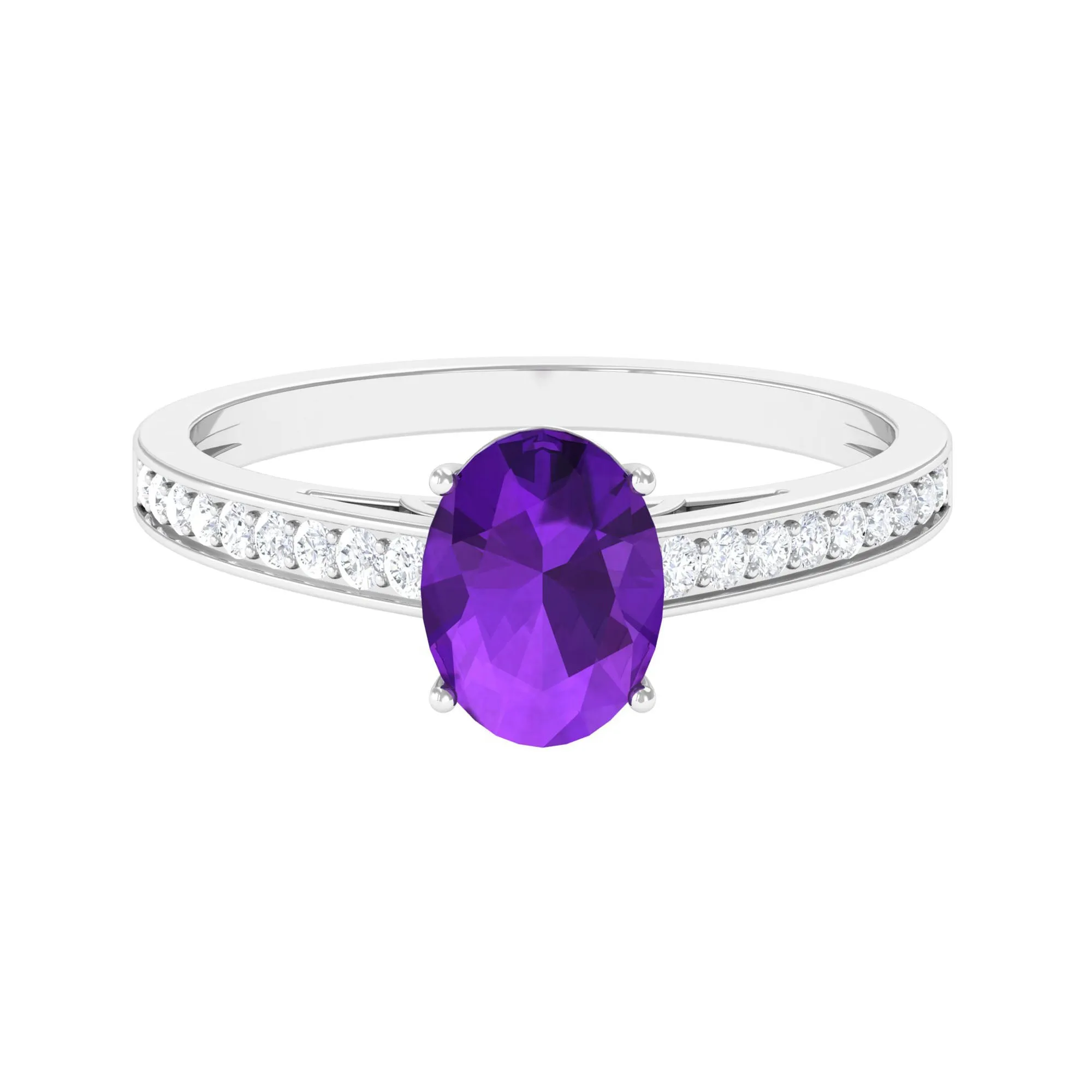 4 Prong Set Amethyst Solitaire and Diamond Ring