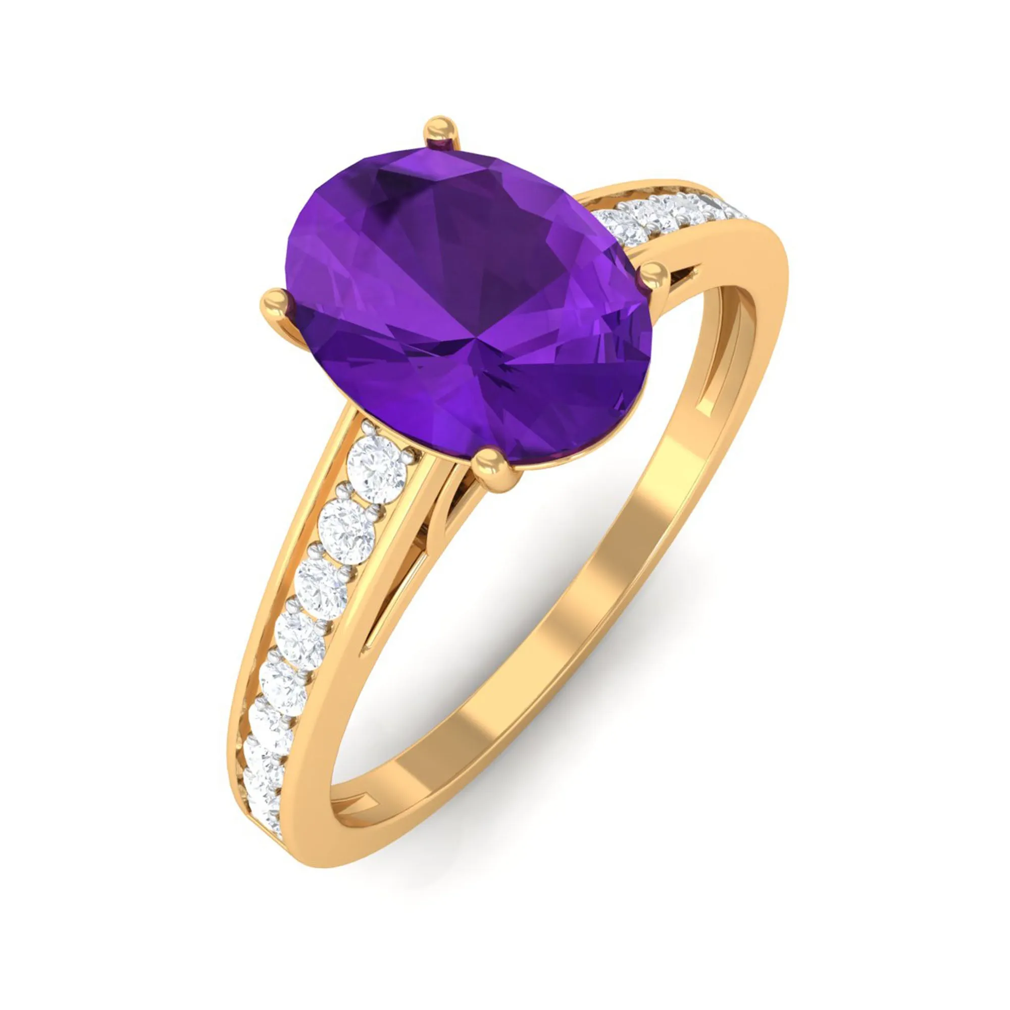 4 Prong Set Amethyst Solitaire and Diamond Ring