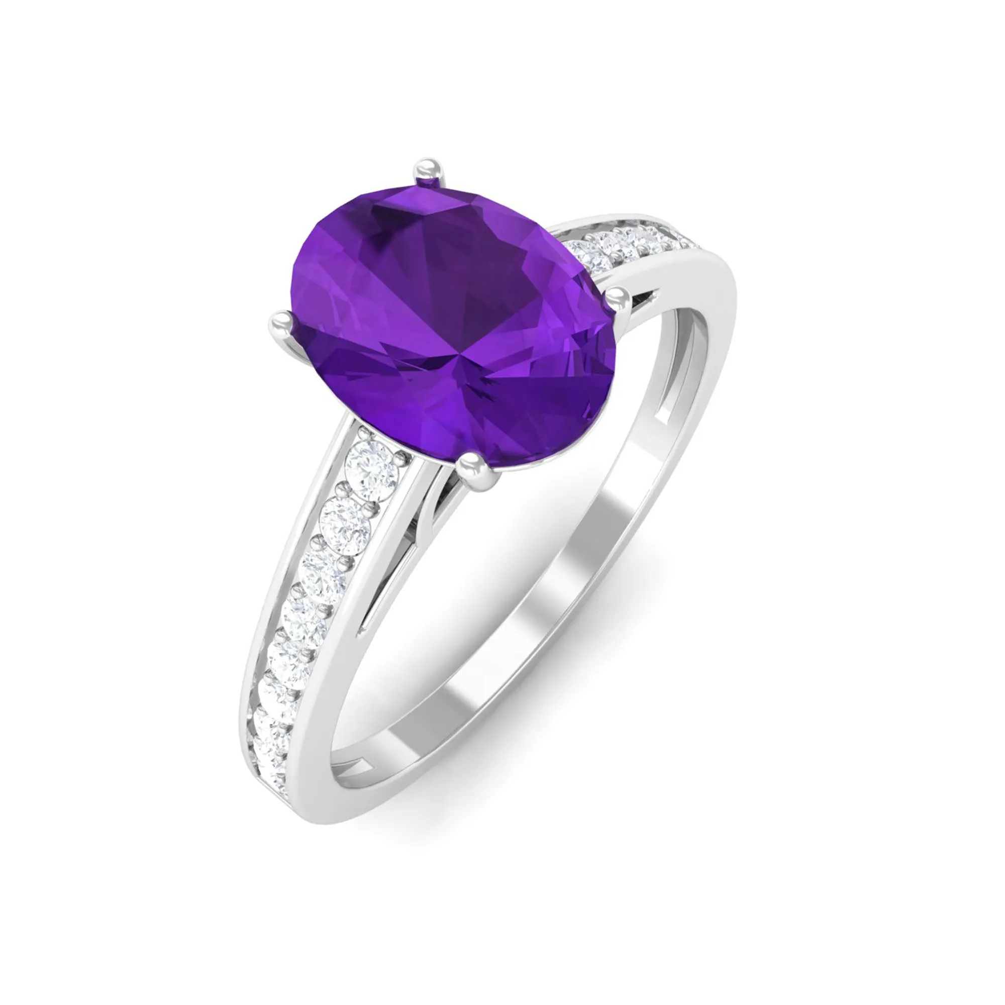 4 Prong Set Amethyst Solitaire and Diamond Ring