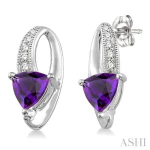 6x6 MM Trillion Cut Amethyst and 1/20 Ctw Single Cut Diamond Earrings in 10K White Gold