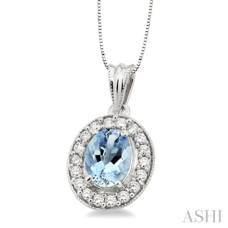 8x6 MM Oval Cut Aquamarine and 1/3 Ctw Round Cut Diamond Pendant in 14K White Gold with Chain