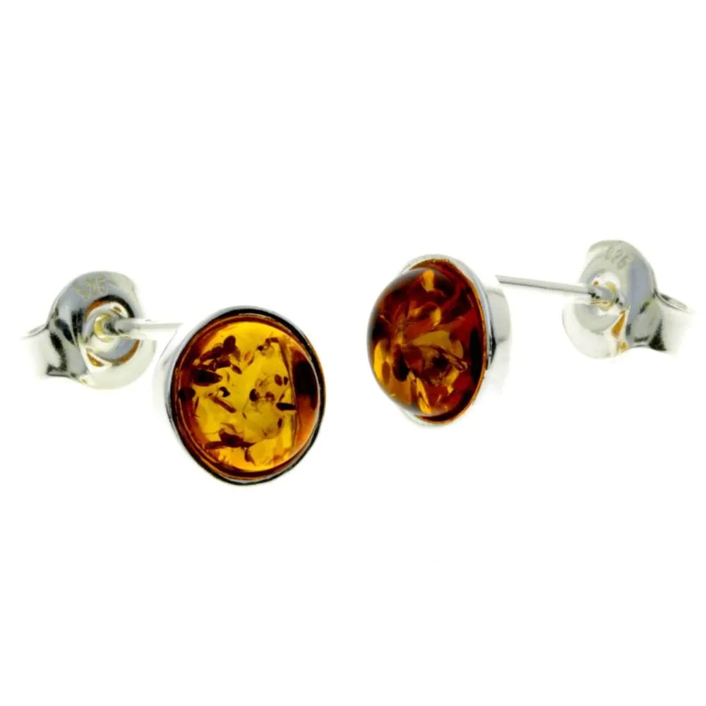 925 Sterling Silver & Baltic Amber Classic Round Studs Earrings - M647