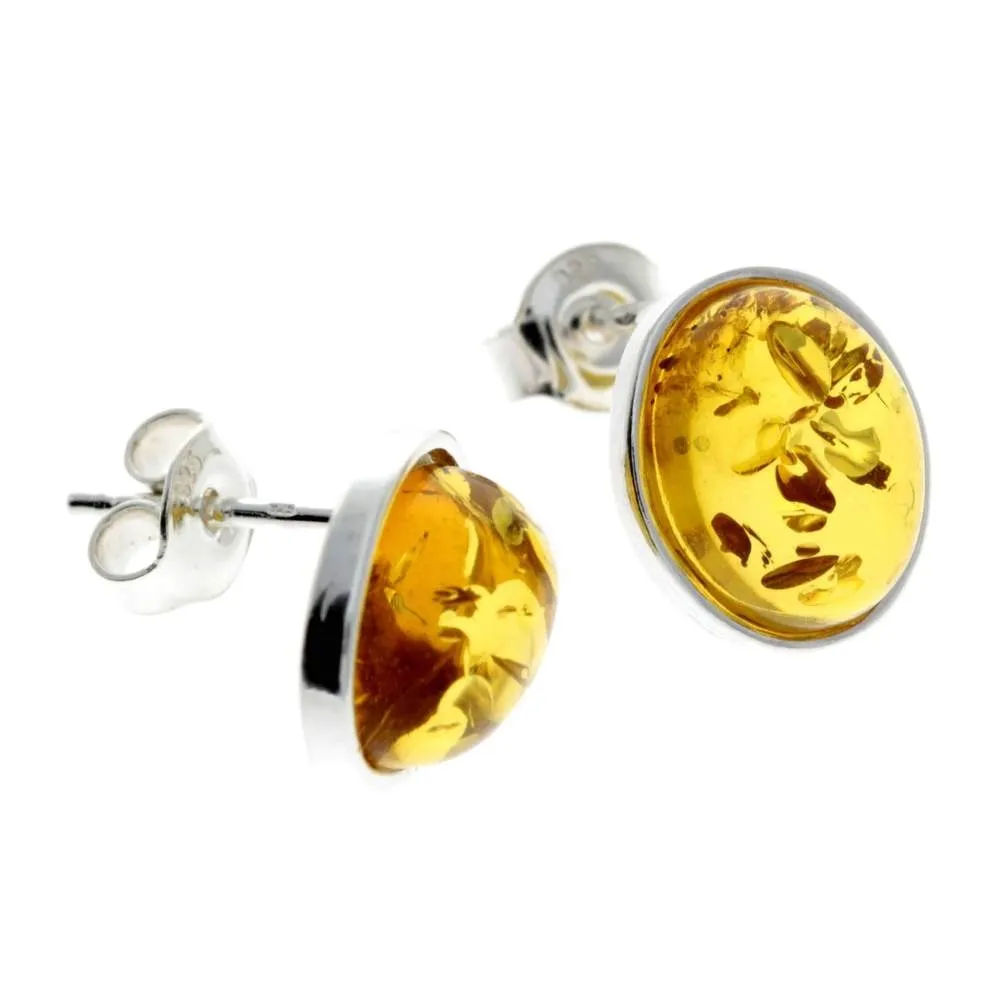 925 Sterling Silver & Baltic Amber Large Oval Classic Studs Earrings - M645