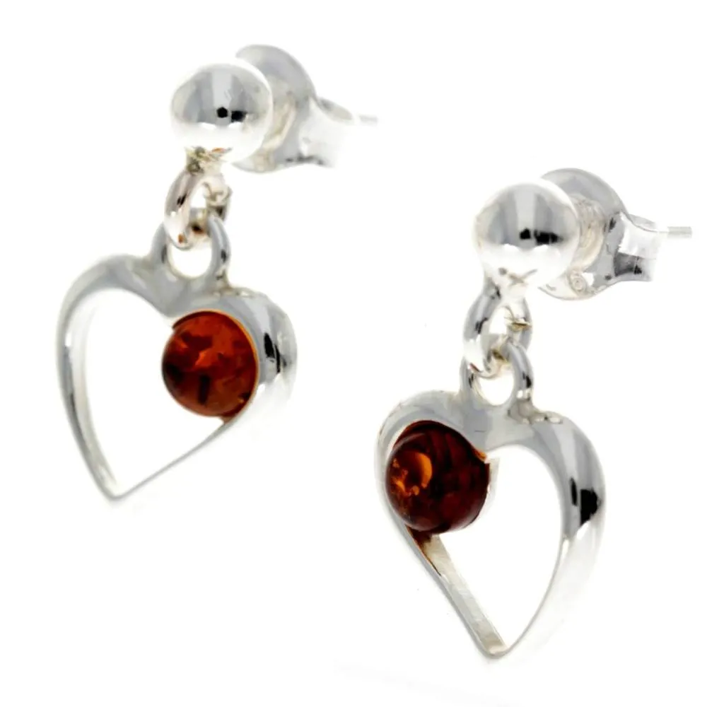 925 Sterling Silver & Genuine Baltic Amber Heart Drop Earrings - AA005