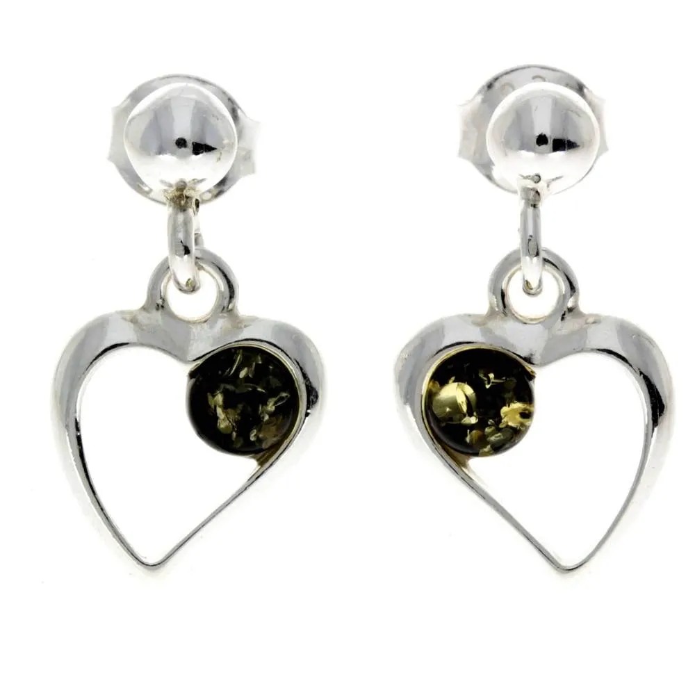 925 Sterling Silver & Genuine Baltic Amber Heart Drop Earrings - AA005