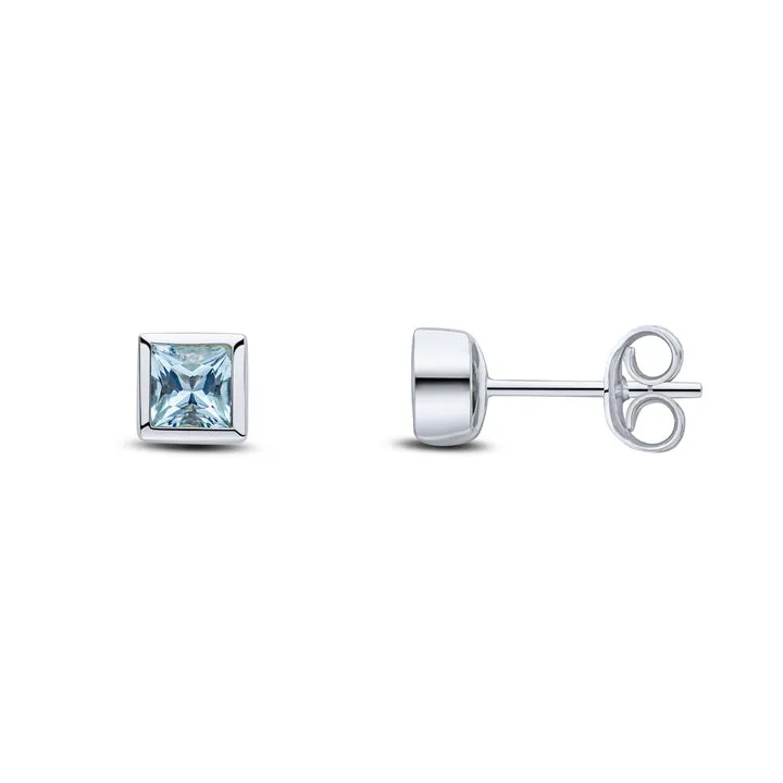 9ct white gold 4mm square cut Aquamarine rubover set stud earrings