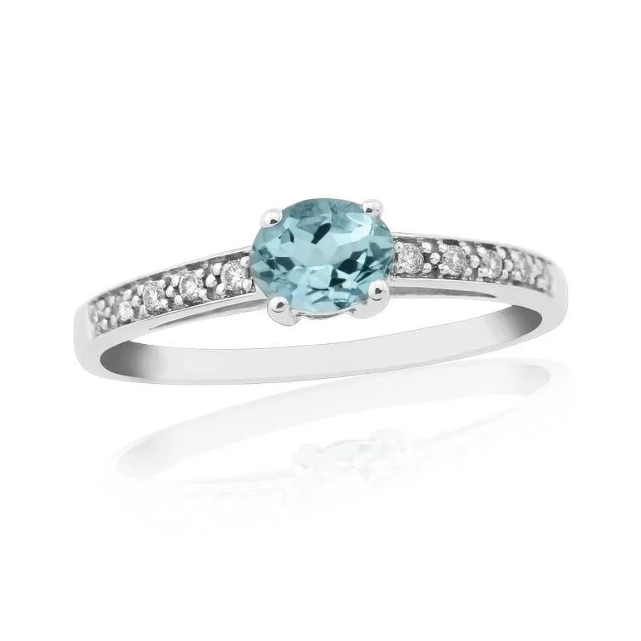 9ct White Gold Oval Cut Aquamarine Ring with Diamond Set Shoulders