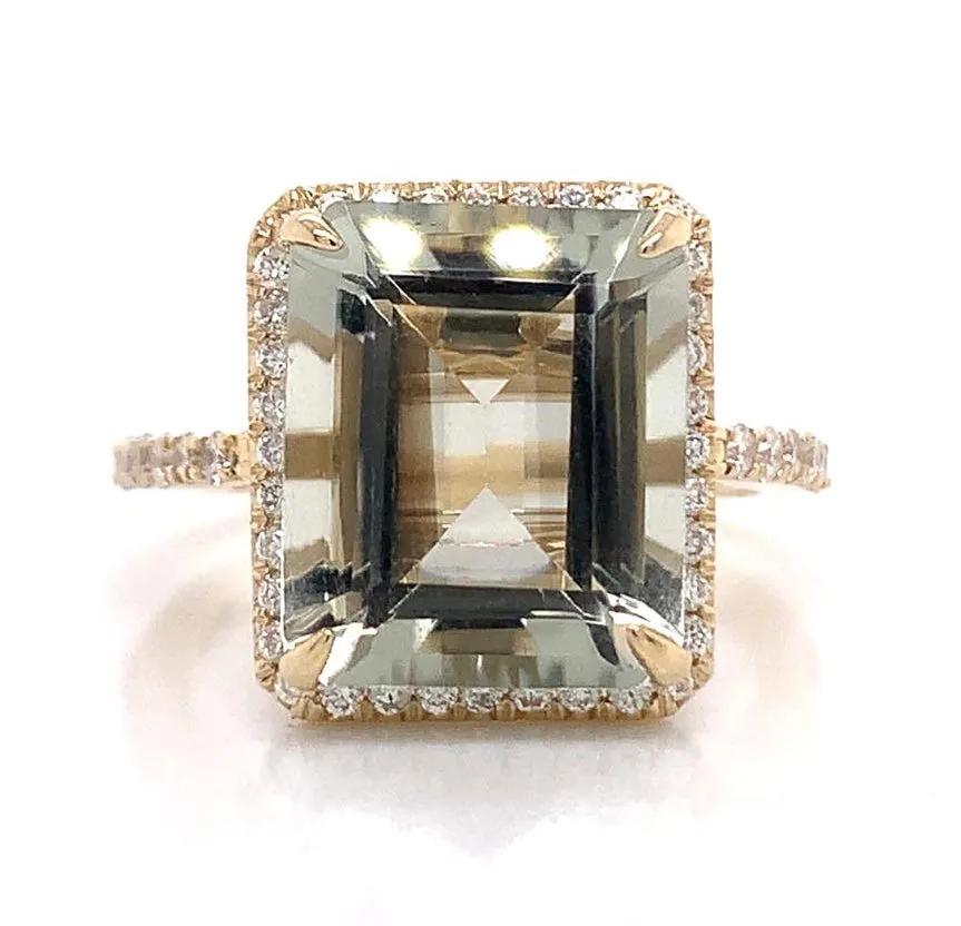 9ct Yellow Gold 5.60ct Green Amethyst Diamond Halo Ring