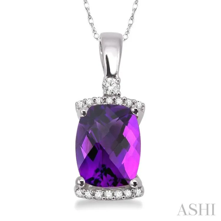 9x7 MM Cushion Shape Amethyst and 1/10 Ctw Round Cut Diamond Pendant in 14K White Gold with Chain