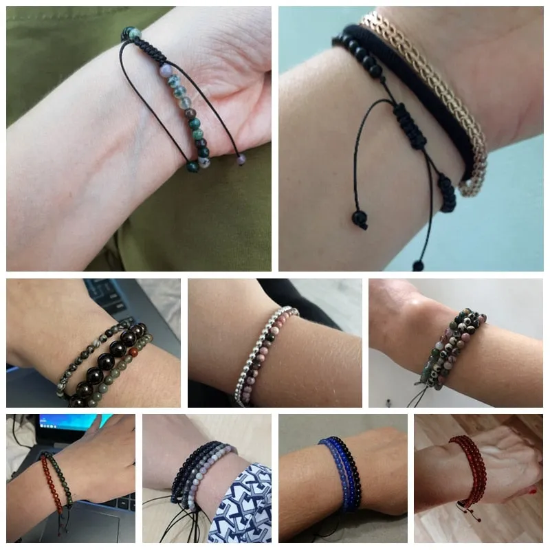 Adjustable 4MM Stone Beads Bracelet For Women Natural Agates Bangles Onyx Lapis Lazuli Woven Bracelet Gift Jewelry