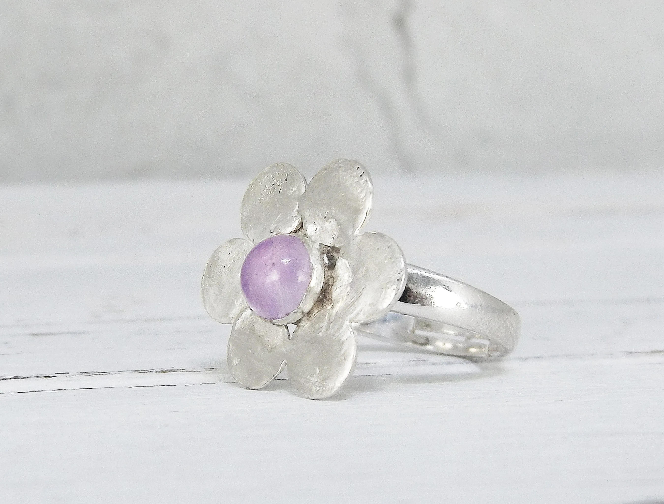 Adjustable Sterling Silver Amethyst Flower Ring