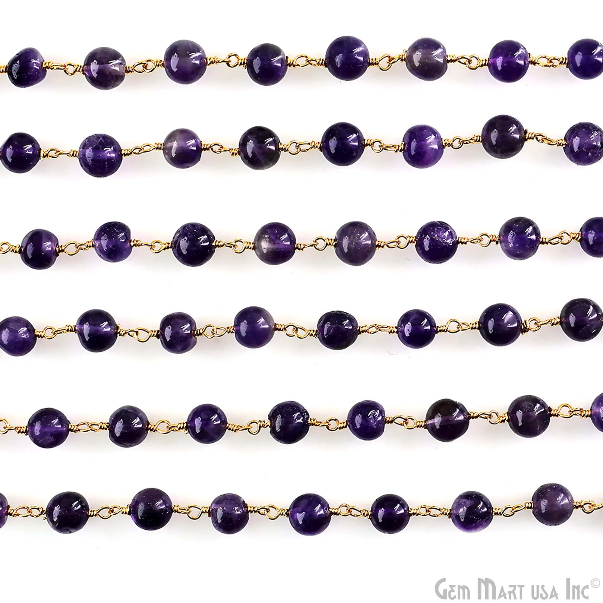 Amethyst 6mm Cabochon Beads Gold Wire Wrapped Rosary Chain