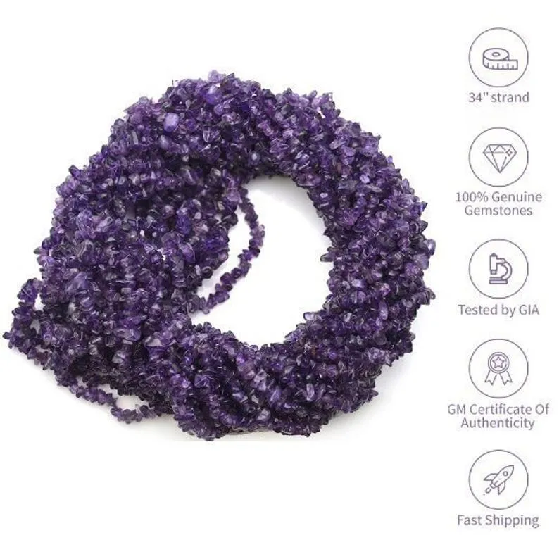 Amethyst Chip Beads, 34 Inch, Natural Chip Strands, Drilled Strung Nugget Beads, 3-7mm, Polished, GemMartUSA (CHAA-70001)