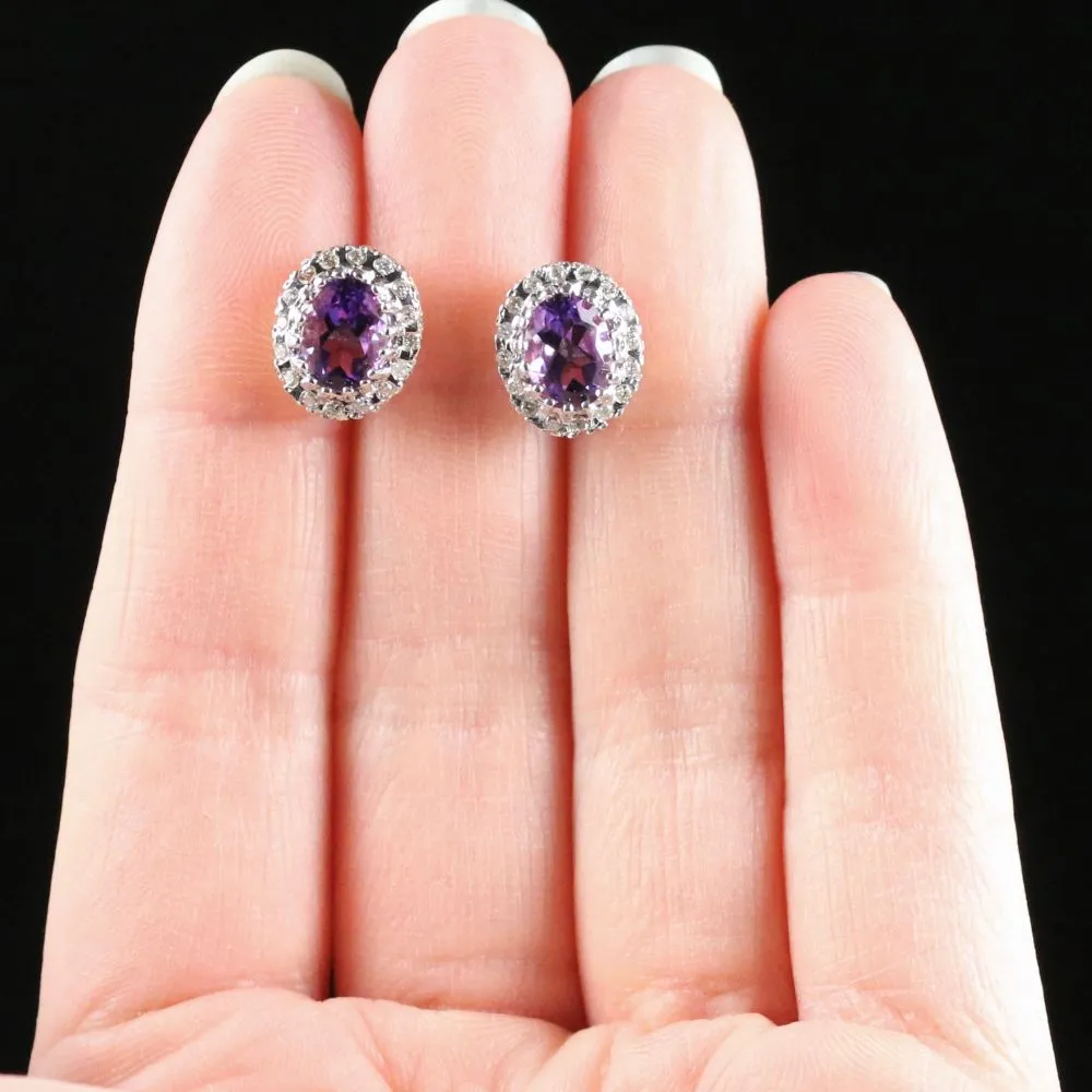 Amethyst Diamond Cluster Earrings 9Ct Gold