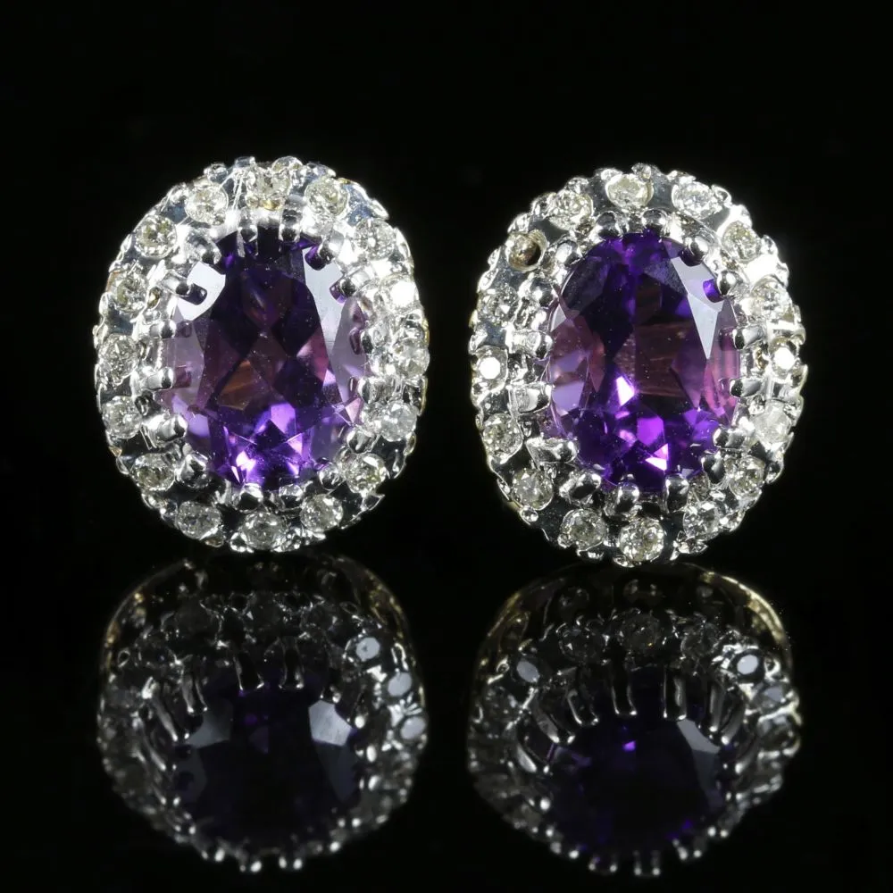 Amethyst Diamond Cluster Earrings 9Ct Gold