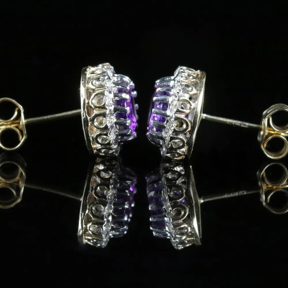 Amethyst Diamond Cluster Earrings 9Ct Gold