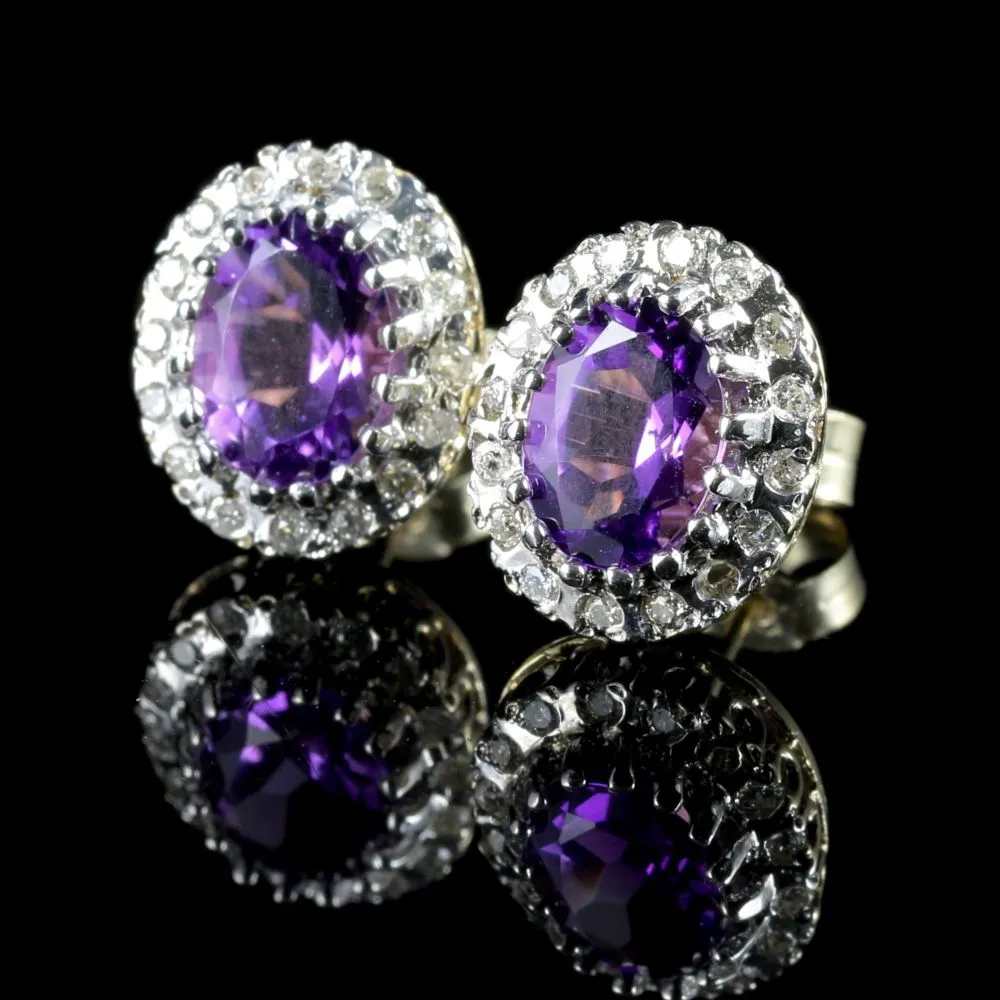 Amethyst Diamond Cluster Earrings 9Ct Gold