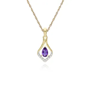 Amethyst Halskette, 9 Karat Gelbgold Amethyst & Brillant Klassisch Blatt Anhänger an 45cm Kette