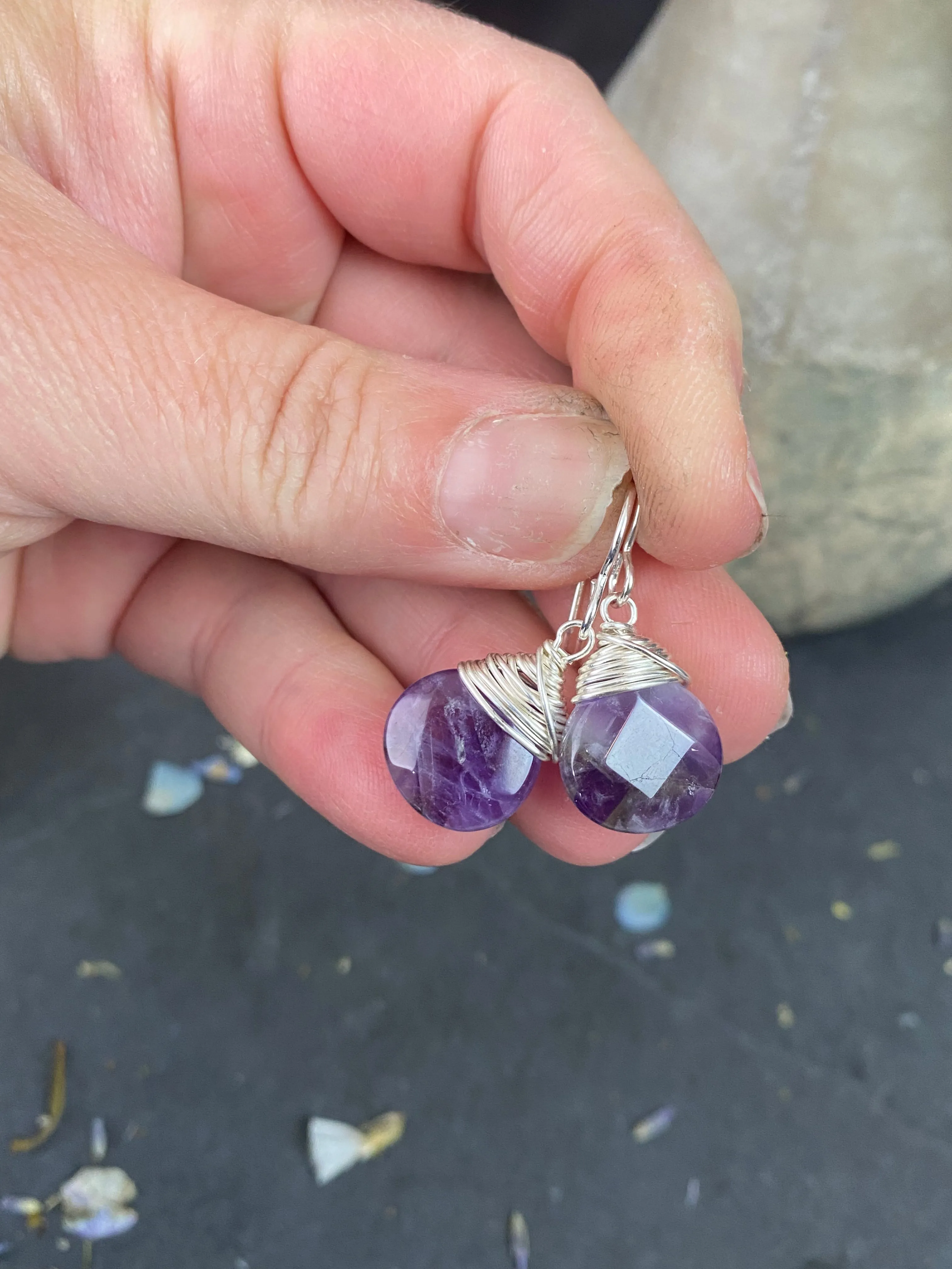 Amethyst pear shape stone drops, sterling silver metal earrings, jewelry.