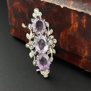 Antique Edwardian Silver Floral Seed Pearl Amethyst Brooch