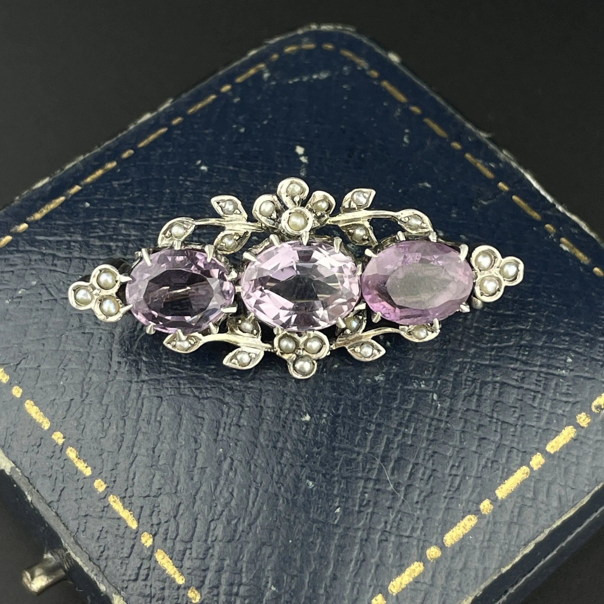 Antique Edwardian Silver Floral Seed Pearl Amethyst Brooch