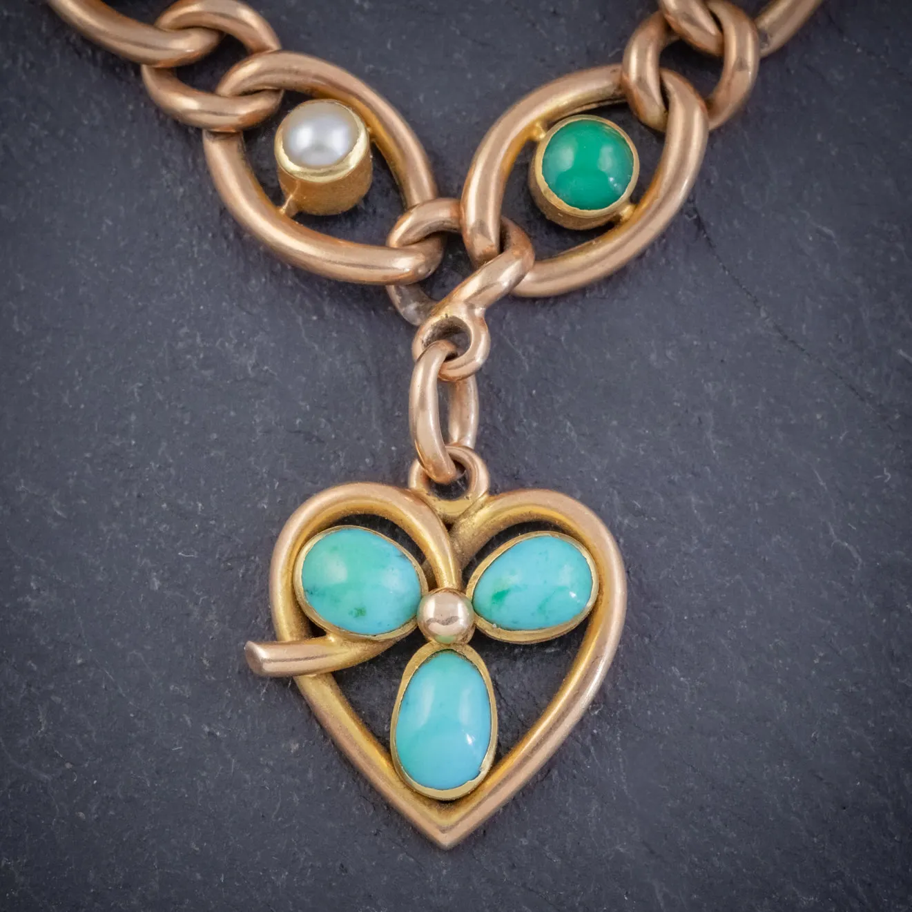 Antique Edwardian Turquoise Heart Clover Curb Bracelet 15Ct Gold Circa 1905 Boxed