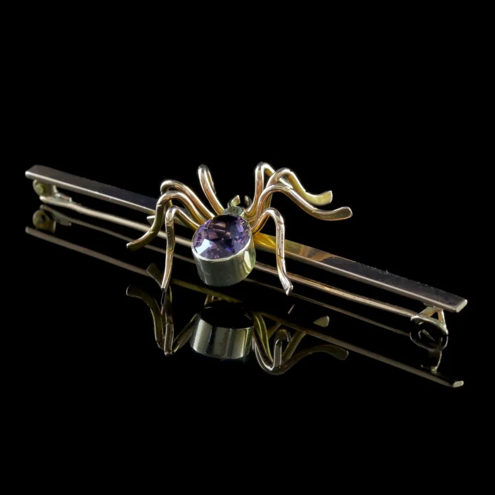 Antique Victorian Spider Brooch 9Ct Gold Amethyst Circa 1900