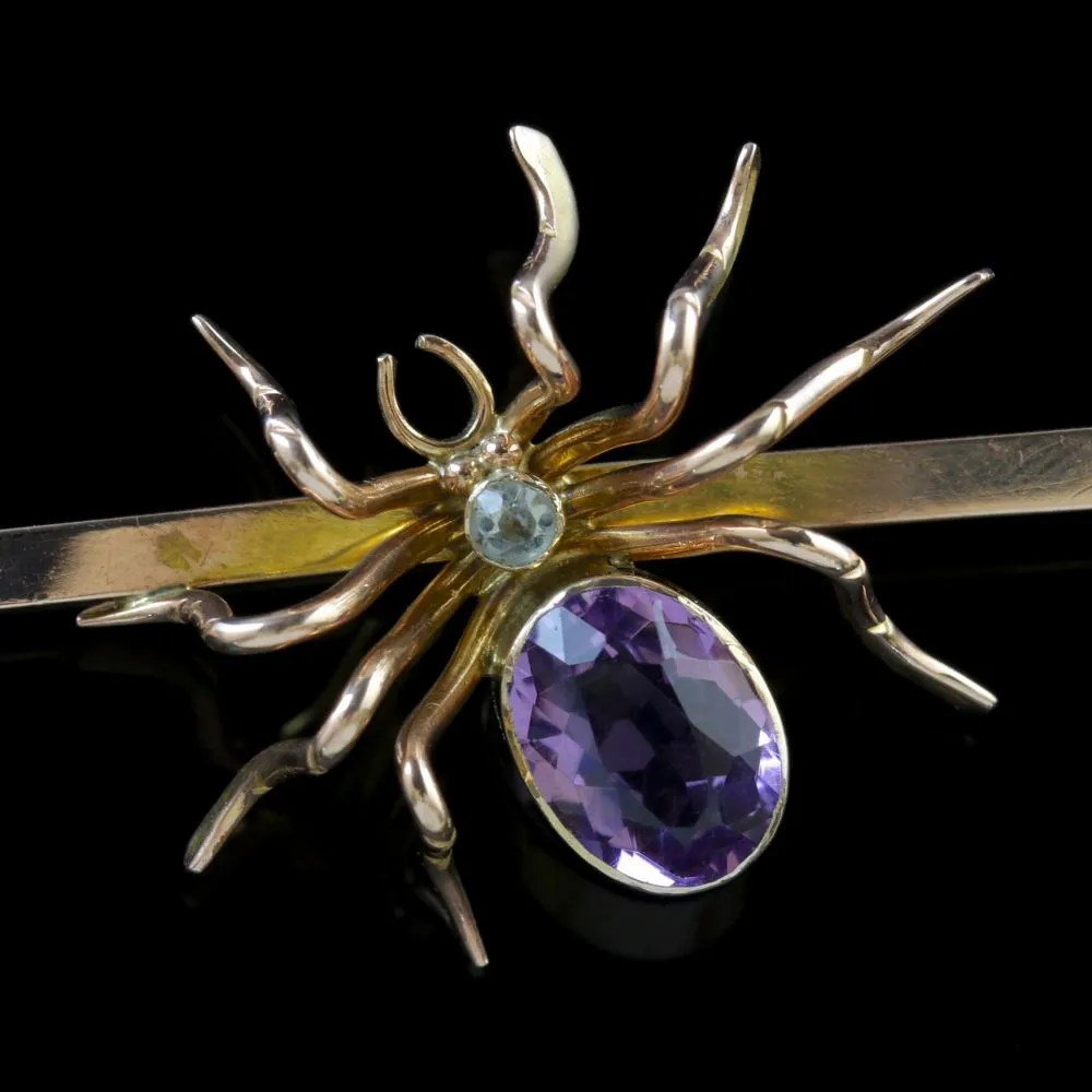 Antique Victorian Spider Brooch 9Ct Gold Amethyst Circa 1900