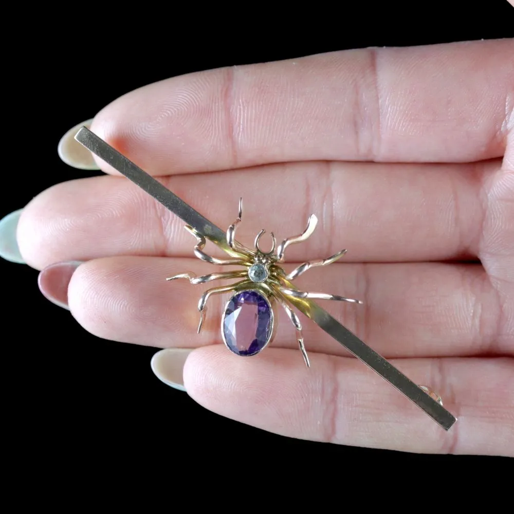 Antique Victorian Spider Brooch 9Ct Gold Amethyst Circa 1900