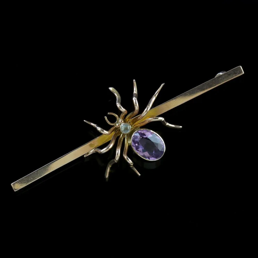 Antique Victorian Spider Brooch 9Ct Gold Amethyst Circa 1900