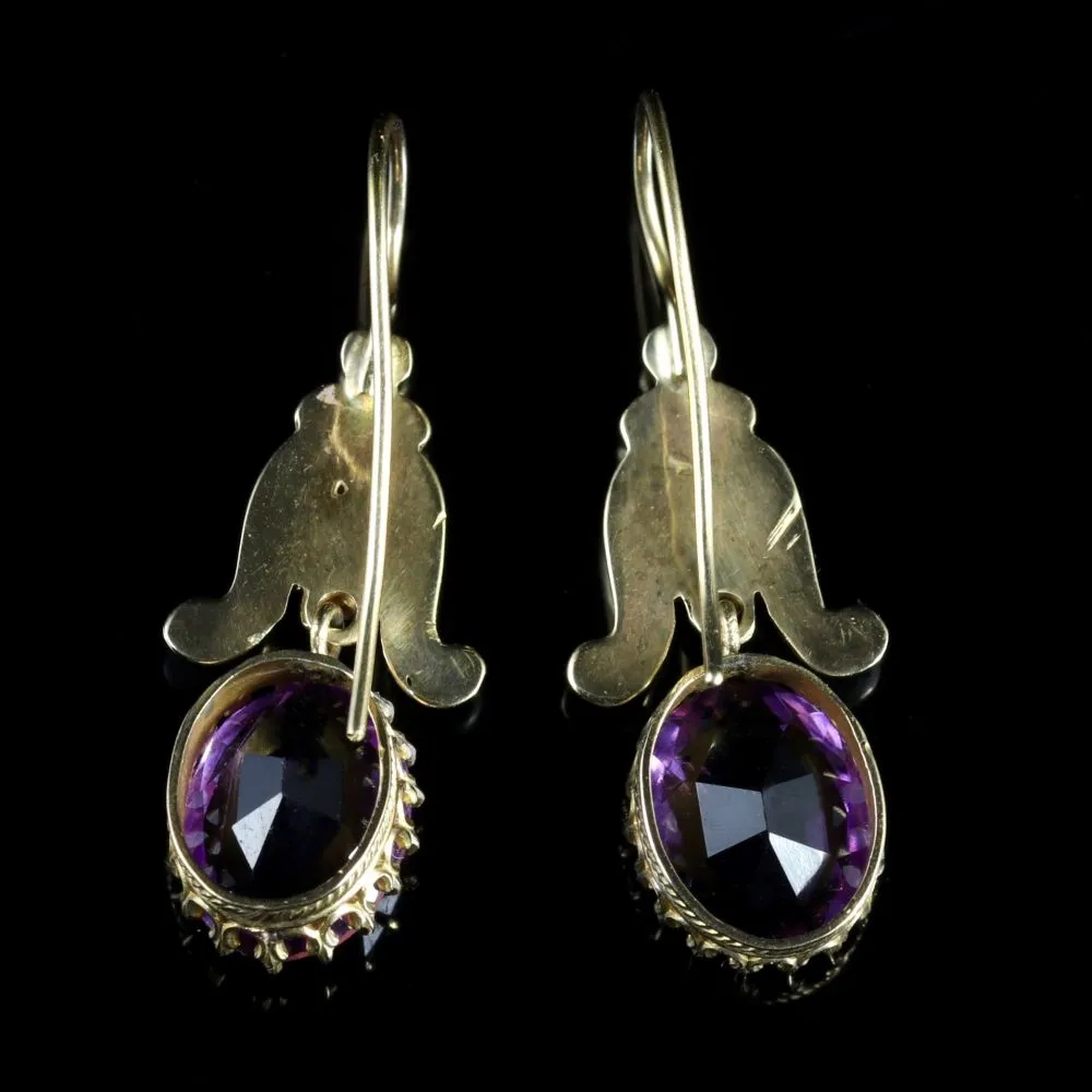 Antique Victorian Amethyst White Enamel Earrings 18Ct Gold