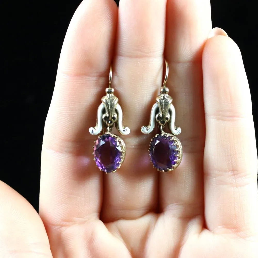 Antique Victorian Amethyst White Enamel Earrings 18Ct Gold