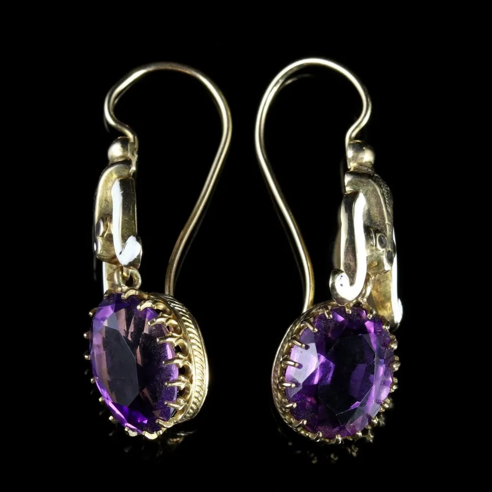 Antique Victorian Amethyst White Enamel Earrings 18Ct Gold