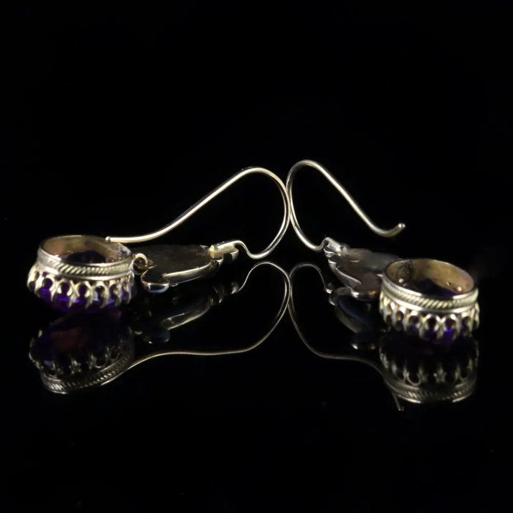 Antique Victorian Amethyst White Enamel Earrings 18Ct Gold