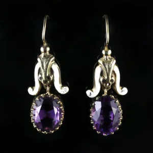 Antique Victorian Amethyst White Enamel Earrings 18Ct Gold